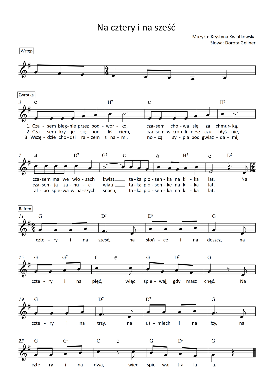 Partytura piosenki „Na cztery i na sześć”