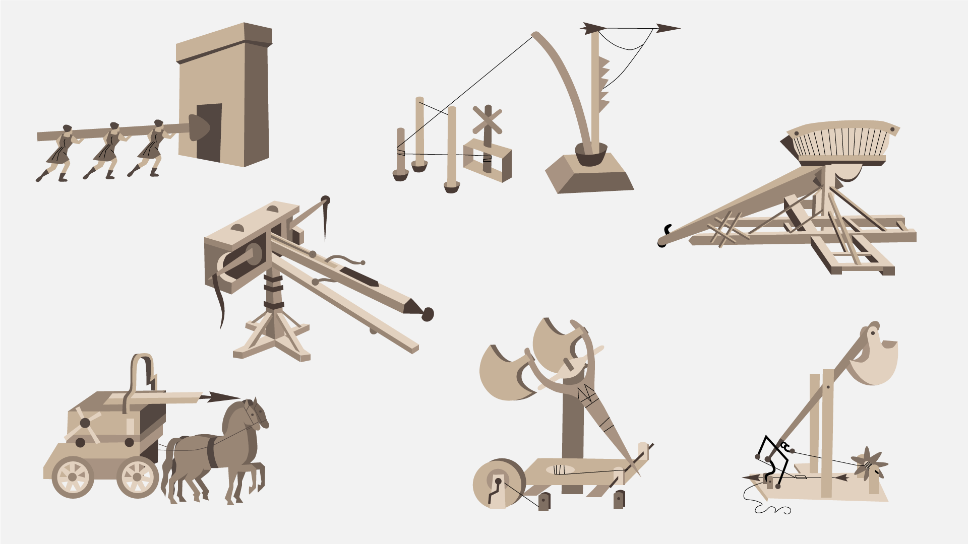 Ilustracja przedstawiająca starożytne machiny wojenne: taran i balisty oraz wyrzutnie toporów, katapultę na korbę i strzałę na palu, z mechanizmem mającym w nią uderzać i tym samym wysyłać w stronę wroga. Taran jest dużą kłodą z twardym zakończeniem, trzymaną poziomo przez grupę ludzi, próbujących wyważyć nim bramę. Balista to rodzaj ciężkiej kuszy. Jedna z balist osadzona na specjalnym, wysokim wózku. Wózek ma prostopadłościenny kształt, posiada koła. Jest podpięty do uprzęży dwóch koni prowadzących wóz. Duża strzała przygotowana do wystrzału z balisty wystaje ponad głowami koni. Druga balista postawiona na stojaku o dwóch długich, drewnianych ramionach. Z każdego z ramion zwisa kawałek pękniętego ścięgna. Ścięgno rozpięte między ramionami można naciągano za pomocą systemu korbowego, a z pomocą spustu gwałtownie rozluźniano, powodując wystrzelenie pocisku znajdującego się w suwnym korytku.