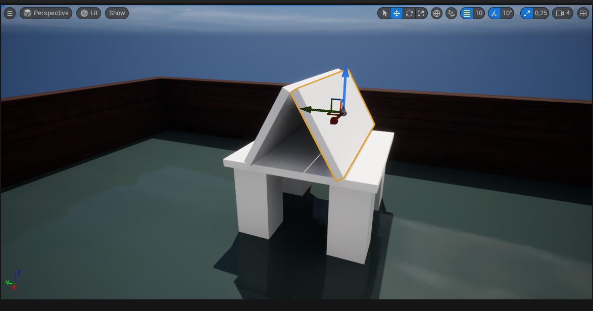 Ilustracja przedstawia okno programu. W obszarze roboczym jest konstrukcja przypominająca dom. Podstawą są prostopadłościany, dach tworzą dwie płaskie prostokątne powierzchnie. Na jednej z nich są trzy Dach jest spadzisty. 