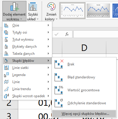 Ilustracja przedstawia fragment arkusza kalkulacyjnego. W menu Dodaj element wykresu dostępne są następujące opcje, osie, tytuły osi, tytuł wykresu, etykiety danych, tabela danych, słupki błędów, linie siatki, legenda, linie, linia trendu, słupki wzrost spadek. Wybrano opcję Słupki błędów. W menu Słupki błędów dostępne są następujące opcje, brak, błąd standardowy, wartość procentowa, odchylenie standardowe oraz przycisk więcej opcji słupków błędów. Wybrano Więcej opcji słupków błędów.