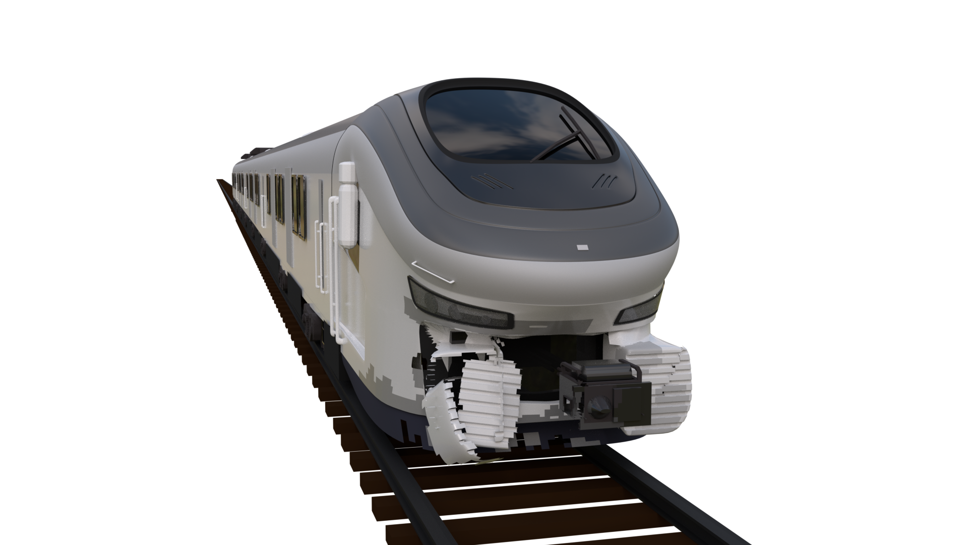 Ilustracja przedstawia uszkodzenia sprzęgu samoczynnego i zderzaków w szynobusie SA139‑009. Grafika pokazuje przód pociągu, widoczne są uszkodzenia na zderzaku – ułamany element po lewej, oraz po prawej stronie, oraz przesunięty sprzęg Scharfenberga.