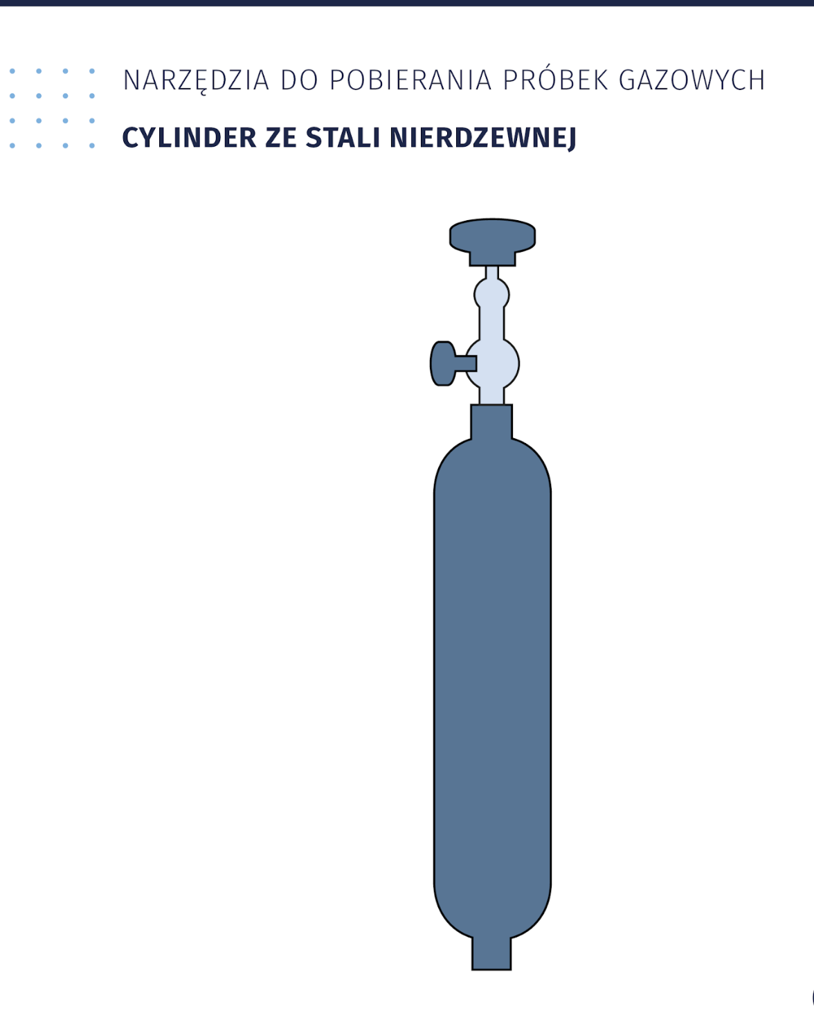 Ilustracja przedstawia narzędzia do pobierania próbek gazowych, cylinder ze stali nierdzewnej. Ma postać wrzecionowatą. W górnej części znajduje się przewężenie z pokrętłem i zatyczką. 