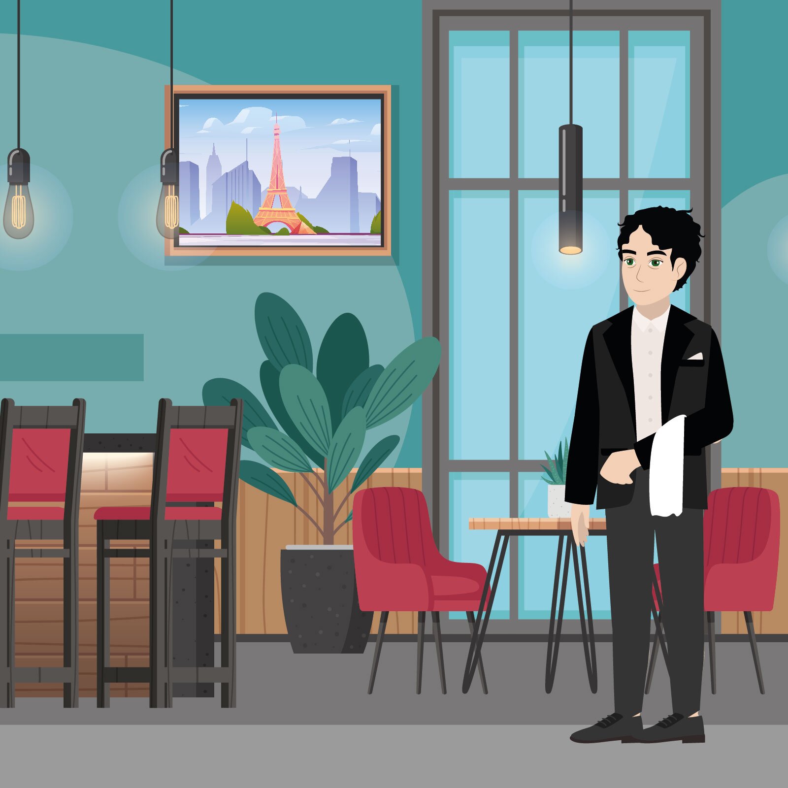 Ilustracja przedstawia kelnera, stojącego pośrodku restauracji z przełożoną chustą przez rękę. Po lewej stronie restauracji znajduje się bar z dwoma wysokimi krzesłami barowymi. Za kelnerem widać stolik dla gości z dwoma niskimi fotelami. W tle znajduje się wysoka roślina doniczkowa, okno oraz obraz wieży Eiffla.