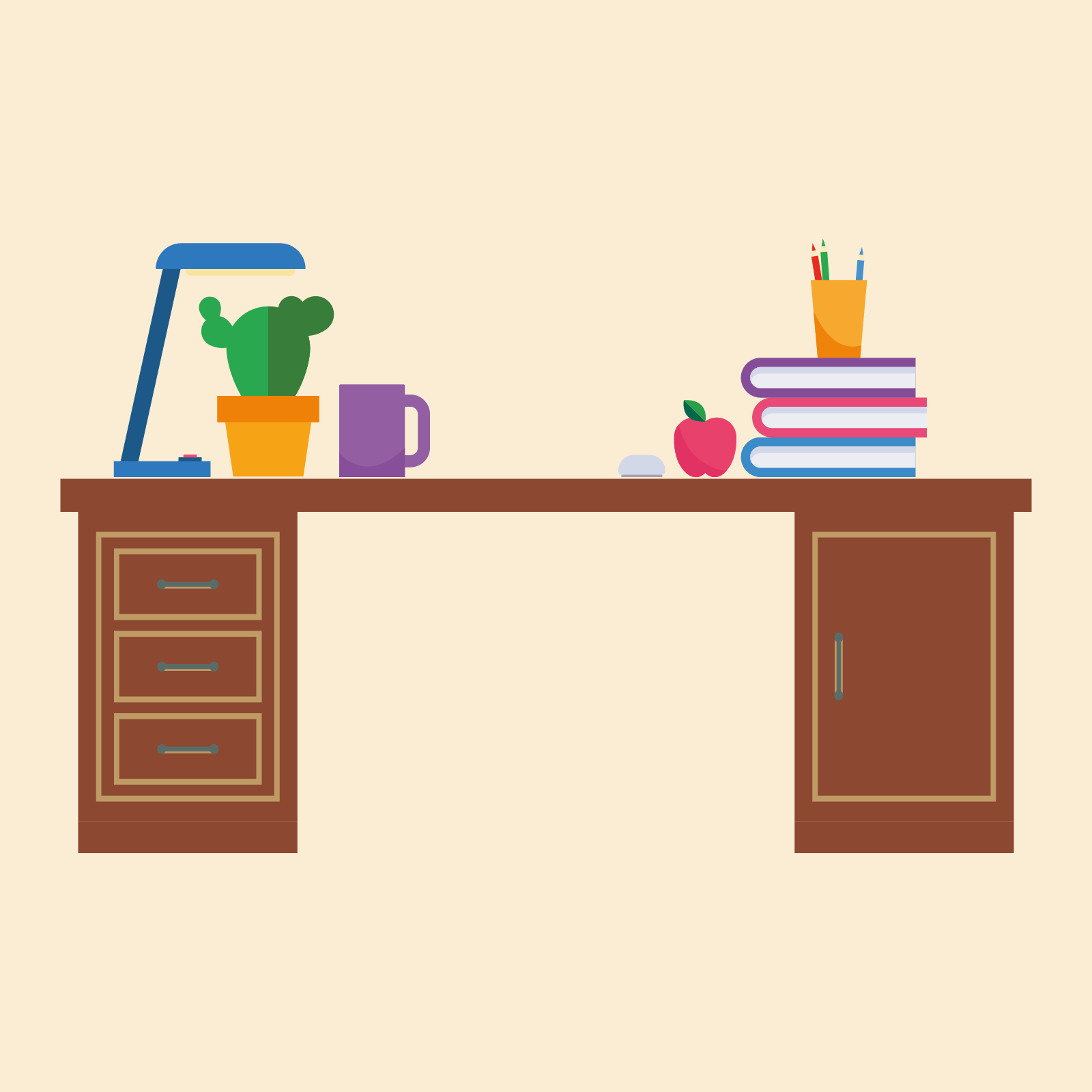Ilustracja przedstawia brązowe biurko z trzema szufladami i szafką, na którym stoi lampka, kaktus, kubek, stos książek, kubek z kredkami i jabłuszko. 