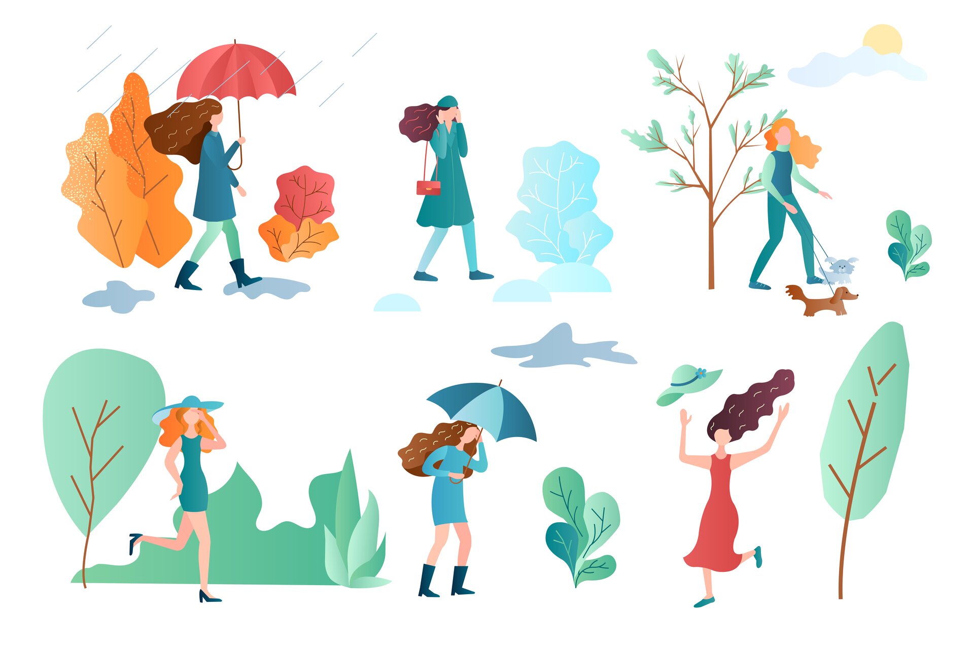 Grafika składa się z sześciu scenek przedstawiających kobiety w różnych sytuacjach pogodowych. U góry od lewej widoczna jest idąca w prawo kobieta, ubrana w płaszcz i wysokie buty i trzymająca duży parasol. W tle widoczne są kolorowe, jesienne liście i padający deszcz oraz kałuże. W środku widoczna jest kobieta ubrana w płaszcz i czapkę, którą przytrzymuje rękami. Obok niej widoczne są zaspy śniegu i szron. Po prawej stronie widoczna jest kobieta ubrana w sweter i spodnie, wyprowadzająca psa na spacer. W tle widoczne jest drzewo z małymi listkami i mały krzaczek. U dołu od lewej widoczna jest kobieta w letniej sukience i kapeluszu na głowie. W tle widoczne jest zielone drzewo i krzewy. W środku widoczna jest kobieta w sukience i wysokich butach, trzymająca parasol. Nad nią widoczna jest ciemna chmura. Po prawej stronie widoczna jest kobieta w długiej sukience, łapiąca zwiany przez wiatr kapelusz. Obok widoczne jest zielone drzewo. 
