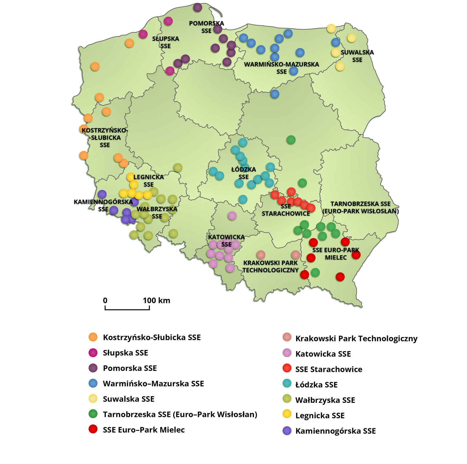 Na mapie Polski zaznaczono kolorowymi kropkami zarządzających obszarami specjalnych stref ekonomicznych. Pomorska SSE 9 punktów. Słupska SSE trzy punkty. Kostrzyńsko‑Słubicka SSE 9 punktów. Warmińsko‑Mazurska SSE 11 punktów. Suwalska SSE 4 punkty. Legnicka SSE 6 punktów. Wałbrzyska SSE 14 punktów. Kamiennogórska SSE 6 punktów. Łódzka SSE 14 punktów. SSE Starachowice 7 punktów. SSE Euro‑Park Mielec 6 punktów. Tarnobrzeska SSE  (Euro‑Park Wisłosłan) 10 punktów. Katowicka SSE11 punktów. Krakowski Park Technologiczny 2 punkty. 