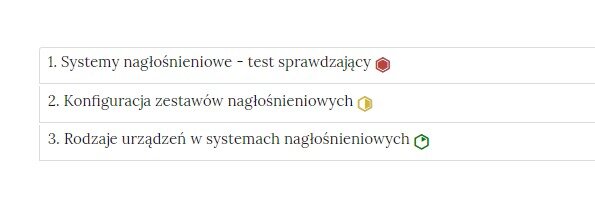 Grafika przedstawia widok interaktywnego materiału sprawdzającego, czyli zbioru poszczególnych zadań w formie listy z nazwami zadań, gdzie po kliknięciu w nazwę zadania pojawi się jego zawartość. Na liście, na prawo od nazwy każdego zadania widnieje ikonka informująca o poziomie trudności danego zadania.