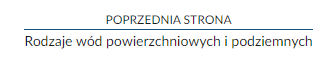 Zrzut ekranu przedstawiający nawigację strony lekcji. W tym przypadku jest to informacja o przejściu do poprzedniej strony, Rodzaje wód powierzchniowych i podziemnych.