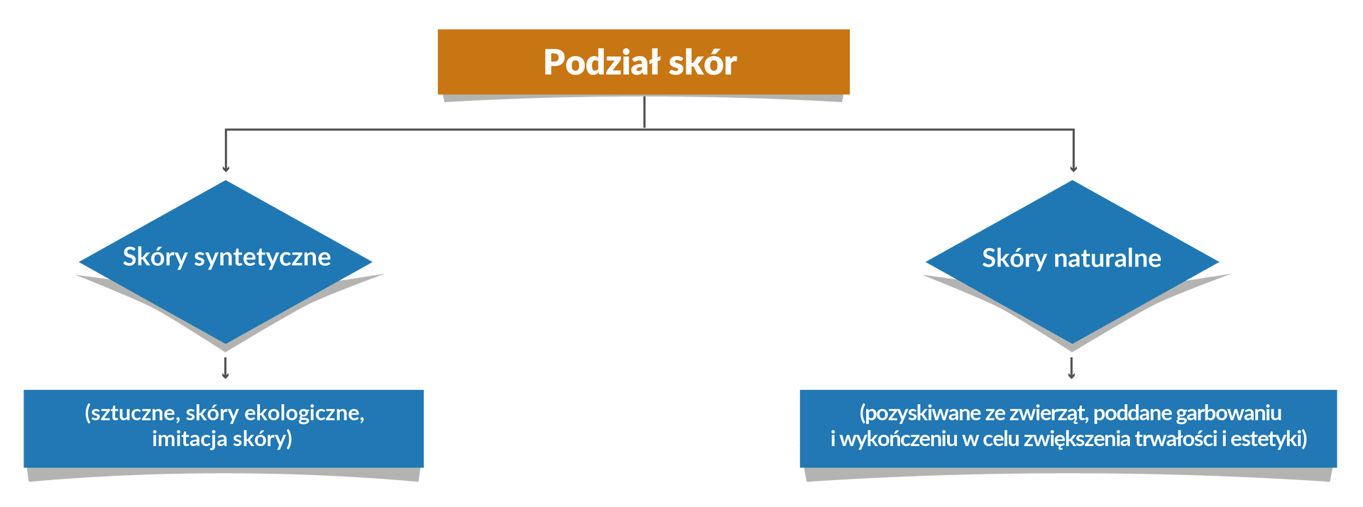Grafika w schematyczny sposób ukazuje podział skór. Skóry dzielą się na syntetyczne i naturalne. Przykłady skór syntetycznych to: skóry sztuczne, ekologiczne i imitacje skóry. Skóry naturalne to skóry pozyskiwane ze zwierząt, poddane garbowaniu i wykończeniu w celu zwiększenia trwałości i estetyki. 