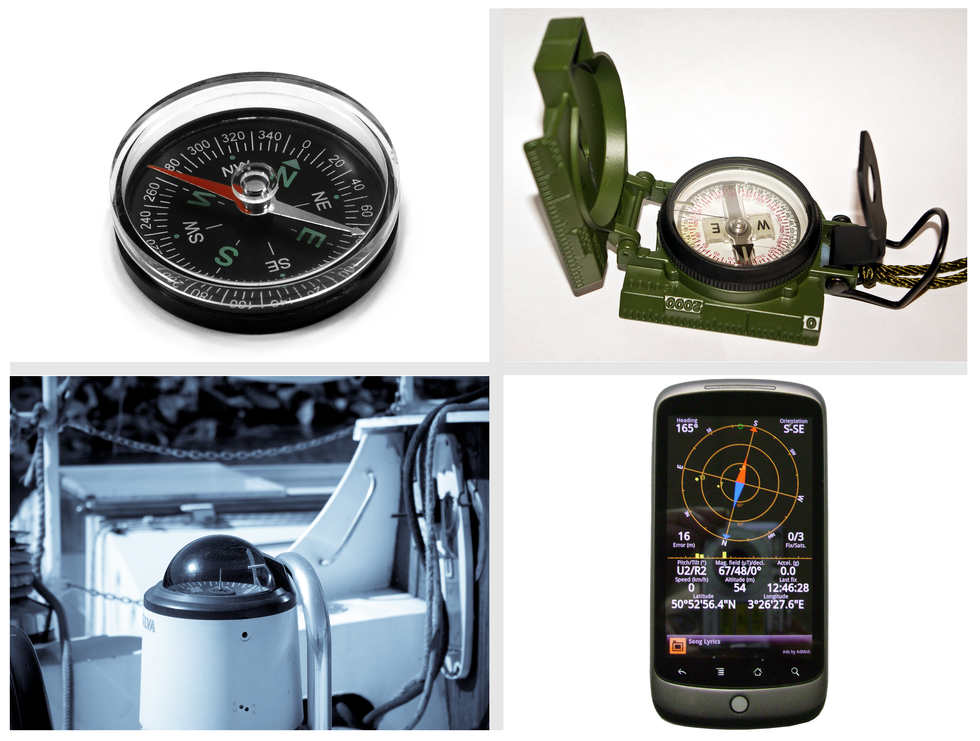 Fotografie prezentują cztery różne typy kompasów. Górna lewa fotografia, to kompas turystyczny, obok pokazano busolę, czyli kompas wyposażony w urządzenie do celowania. Dolna lewa fotografia prezentuje, umieszczony na statku pod przezroczystą kopułą, żyrokompas. Fotografia obok, to kompas elektroniczny wyświetlany na monitorze specjalnego urządzenia.