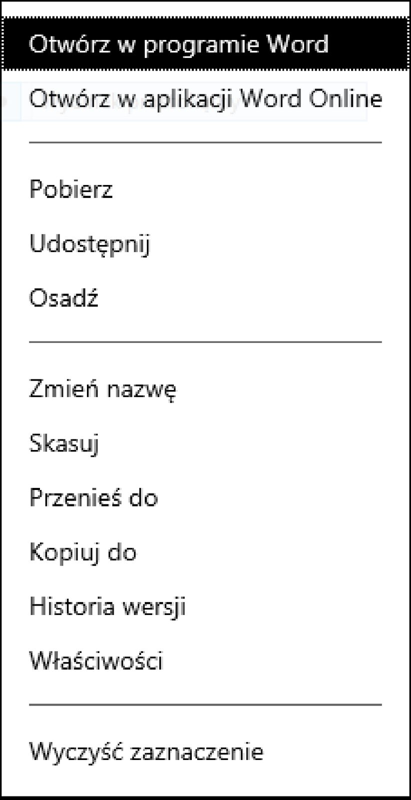 Zrzut okna menu kontekstowego