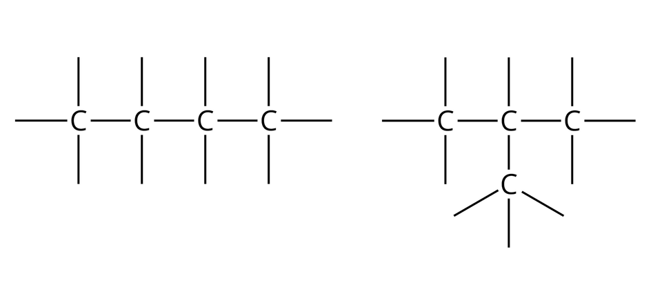Na ilustracji ukazano zestawienie dwóch wzorów. Z lewej strony znajdują się cztery atomy węgla C, ułożone w linii prostej, połączone wiązaniami pojedynczymi. Od każdego z nich odchodzą po cztery wiązania pojedyncze. Z prawej strony przedstawiono trzy atomy węgla C, ułożone w linii prostej, połączone wiązaniami pojedynczymi, w taki sposób, że od każdego z nich odchodzą po cztery wiązania pojedyncze. Środkowy atom węgla łączy się za pomocą dolnego wiązania pojedynczego z czwartym atomem węgla, od którego również odchodzą łącznie cztery wiązania pojedyncze.