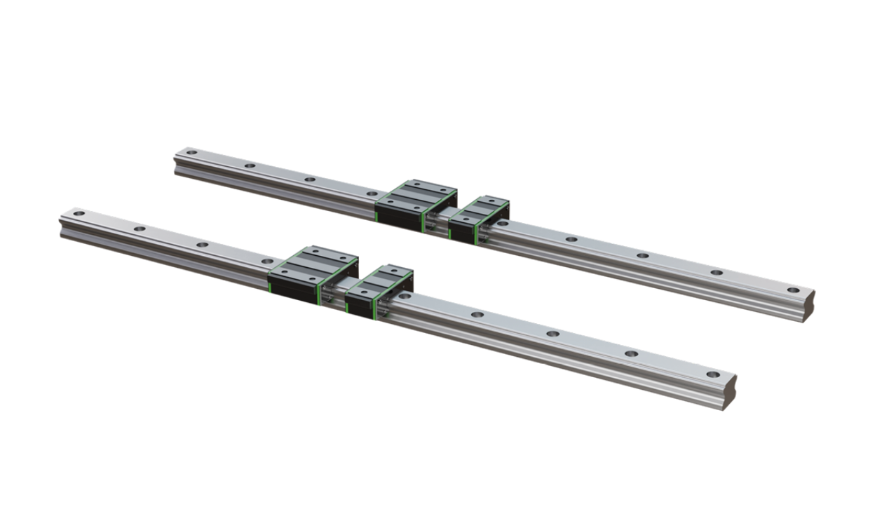 Na ilustracji jest prowadnica liniowa. Przedstawia dwie równolegle ułożone szyny metalowe. Osadzono na nich po dwie spłaszczone opaski. Jedna opaska jest szeroka, a druga wąska.