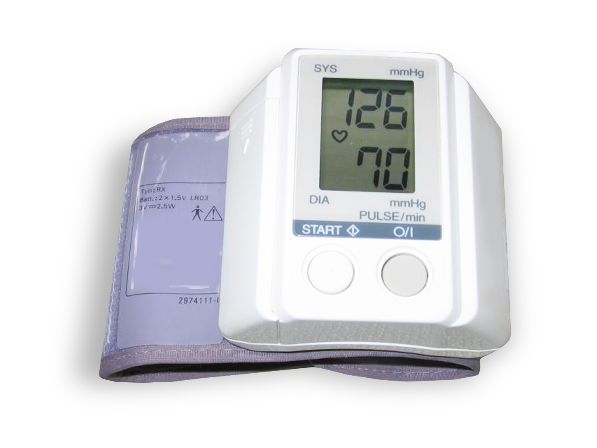 Zdjęcie przedstawia biały ciśnieniomierz nadgarstkowy z błękitnym pasem. Na ciśnieniomierzu wyświetla się ciśnienie 128 na 70. Obok liczb narysowane jest małe serduszko.