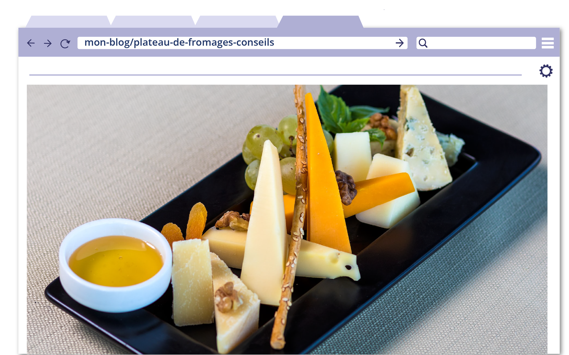 Ilustracja w formie zakładki internetowej o adresie mon‑blog/plateau‑de‑fromages‑conseils przedstawia zdjęcie talerza serów.