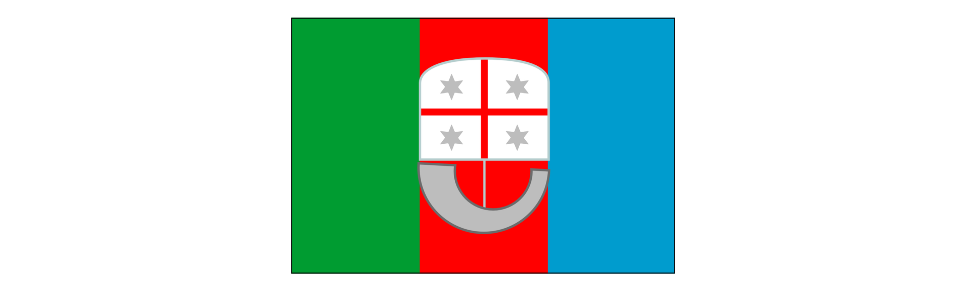 Grafika przedstawia flagę Ligurii. Flaga podzielona jest pionowo na trzy część. Każda część jest w innym kolorze. Środkowa część zajmuje herb.