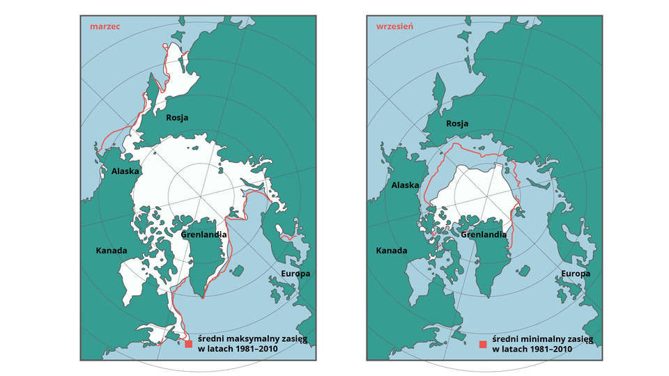 Dwie mapy przedstawiają minimalny i maksymalny zasięg lodu arktycznego. W marcu 2019 roku obejmował obszar Oceanu Arktycznego, cieśninę pomiędzy Ameryką Północną a Azją, kawałek wybrzeża Rosji, brzegi Grenlandii. Taki jest też średni maksymalny zasięg  w latach od 1981 do 2010. We wrześniu lód znajdował się tylko na środku Oceanu Arktycznego. Średni minimalny zasięg w latach od 1981 do 2010 był szerszy.
