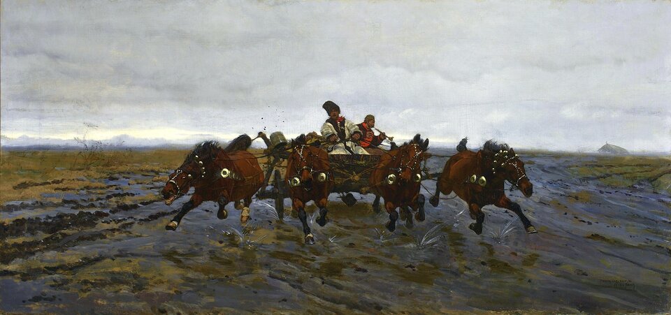 Obraz przedstawia wóz zaprzęgnięty w czwórkę koni. Wóz jedzie szybko przez pole. Widać, że konie są rozpędzone.