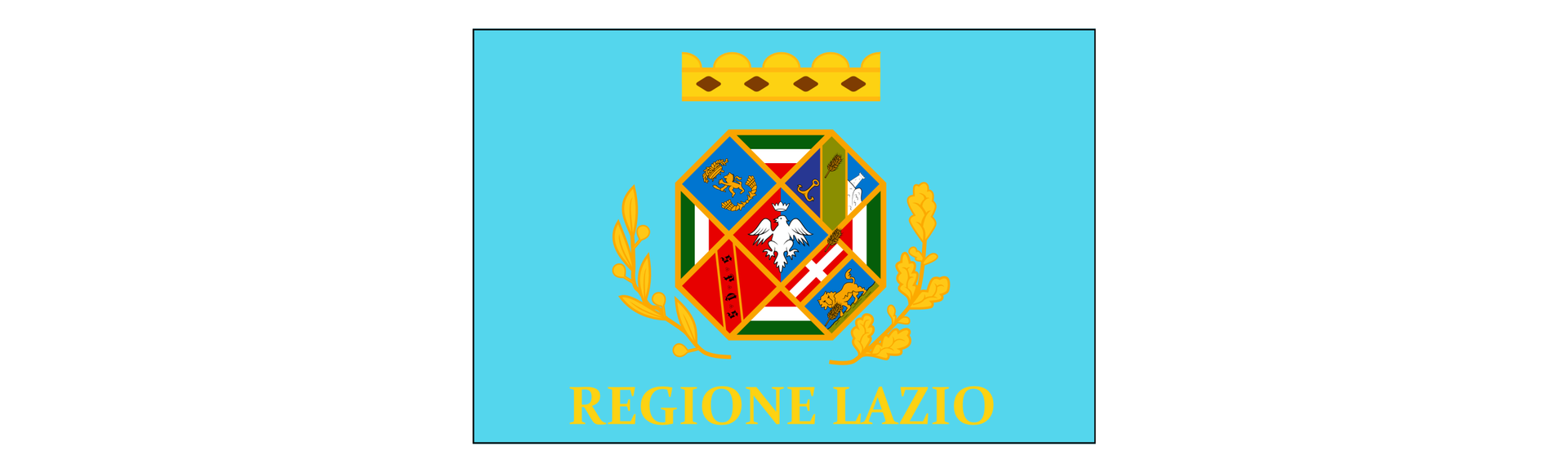 Grafika przedstawia flagę włoskiego regionu Lazio. W centralnym punkcie flagi znajduje się herb otoczony gałązkami laurowymi i oliwnymi, zwieńczony złotą koroną. Na dole znajduje się napis „Regione Lazio”.