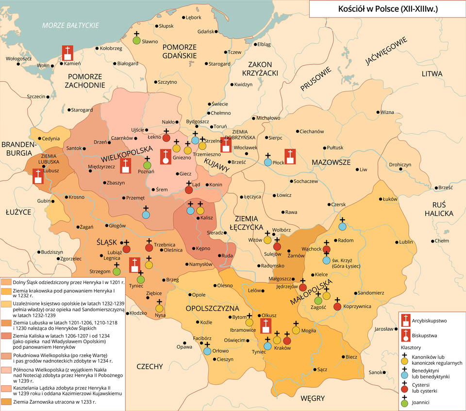 Mapa przedstawia sytuację kościoła w Polsce od dwunastego do trzynastego wieku. Arcybiskupstwa znajdowały się na Mazowszu, Kujawach, zachodniej Małopolsce, zachodniej Wielkopolsce, na Śląsku, ziemi lubuskiej i Pomorzu Zachodnim. Siedziba biskupstwa znajdowała się w Gnieźnie. Klasztory kanoników lub kanoniczek regularnych znajdowały się w Zagościu, Mogile, Krakowie, Witowie, Ibramowicach, Kaliszu, Nysie, Gnieźnie, Trzemiesznie,  Klasztory benedyktynów lub benedyktynek znajdowały się w Radomiu, Tyńcu, Płocku, Orłowie, Kaliszu i Strzelnie. Klasztory cystersów lub cysterek znajdowały się w Krakowie, Koprzywnicach, Wąchocku, Jędrzejowie, Sulejowie, Lądzie, Trzebnicy, Lubiążu i Łeknie. Klasztory Joannitów znajdowały się w Zagościu, Tyńcu, Strzegomiu, Poznaniu i Sławnie.