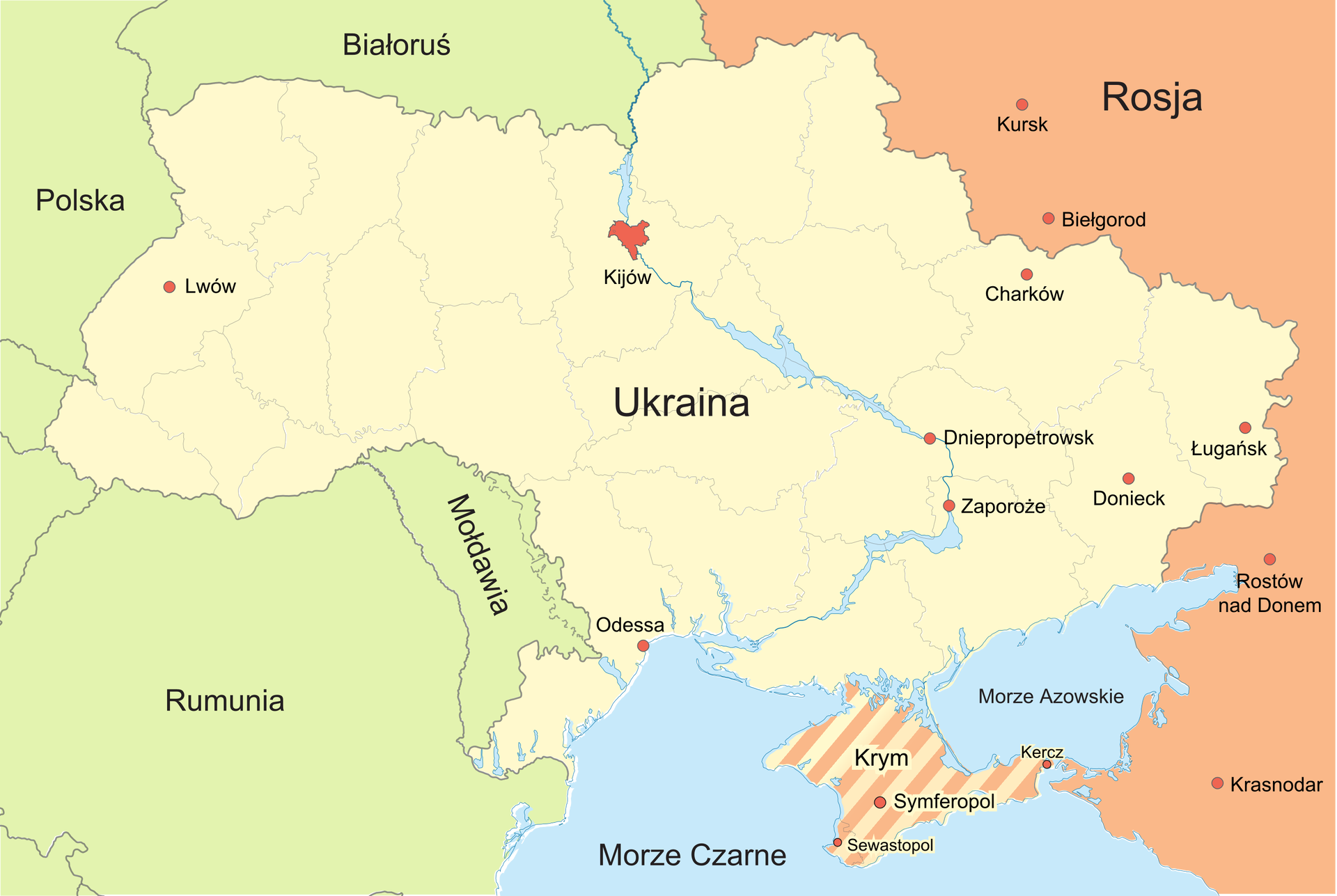 Na ilustracji mapa polityczna. W centralnej części Ukraina, kolor żółty. Na północy Białoruś, na zachodzie Polska. Na południu Rumunia i Mołdawia. Na wschodzie Rosja, kolor pomarańczowy. Na południu Krym, półwysep, żółto-pomarańczowe paski. Czerwonymi kropkami zaznaczone miasta na Ukrainie i w Rosji.