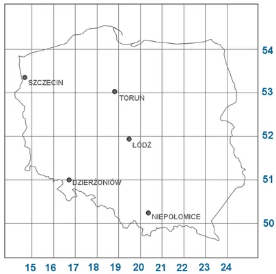 Mapa polski z zaznaczonymi miastami : Łódź, Szczecin, Toruń, Dzierżoniów, Niepołomice.