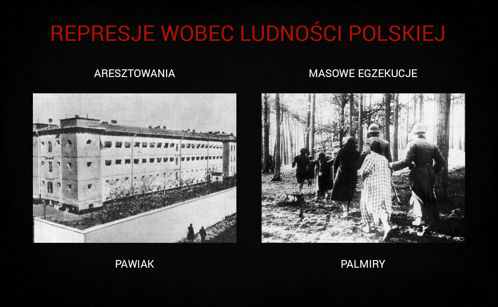 Plansza o tytule „Represje wobec ludności polskiej” składa się z dwóch ilustracji. Po lewej stronie planszy umieszczono podpisane zdjęcie warszawskiego więzienia na Pawiaku. Jak głosi napis, trafiali tam aresztowani Polacy. Więzienie to czterokondygnacyjny gmach z rzędami okien. Narożny ryzalit ma osobny dach. Wokół budynku znajdują się zadrzewione tereny spacerowe. Po prawej stronie planszy jest podpisane zdjęcie z przebiegu egzekucji w Palmirach. Niemieccy żołnierze podprowadzają kobiety, które mają zasłonięte oczy, na miejsce masowego rozstrzelania w lesie. Kobiety ubrane są w płaszcze i półbuty. Żołnierze mają na sobie mundury wojskowe i hełmy na głowach. 