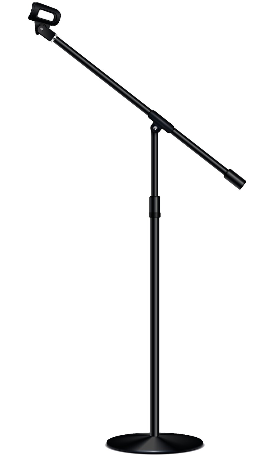 Zdjęcie przedstawia statyw do zamocowania mikrofonu. Czarny statyw pokazany jest z boku i składa się, od dołu, z okrągłej podstawy, pośrodku której umieszczona jest pionowa rurka, która na trzech czwartych wysokości zwęża się. Na jej końcu przymocowana jest rurka pod kątem 45 stopni, która po prawej stronie, u dołu, jest zakończona walcowatym elementem, zaś po lewej, u góry, czarnym elementem w kształcie poziomego prostokąta, pustego w środku – uchwytem mikrofonu.