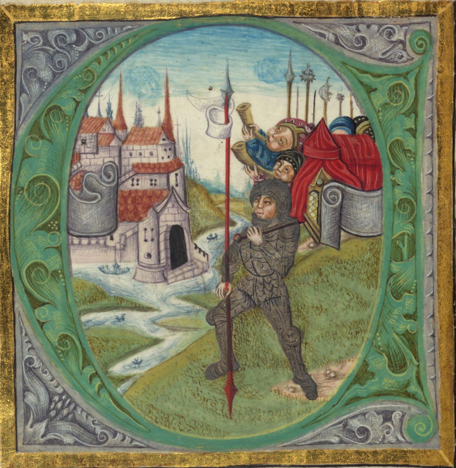 Zdjęcie przedstawia obraz w złotej ramie. Na obrazie ukazanych jest trzech mężczyzn. Jeden z nich ma rycerską zbroję. W tle można zaobserwować zamek książęcy.