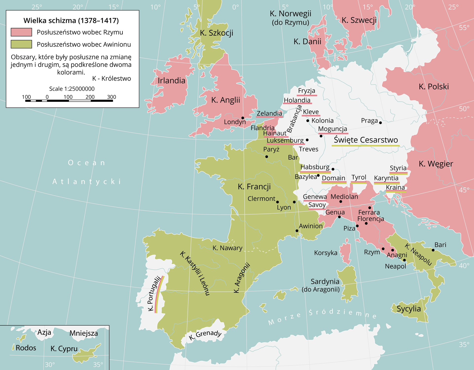 Mapa Europy zachodniej przedstawia wielką schizmę od 1378 do 1417 roku. Posłuszeństwo wobec Rzymu zadeklarowała Irlandia, Anglia, Flandria, Zelandia, Fryzja, Holandia, Kleve, Moguncja, Luksemburg, Genewa, Hainaut, Sanovy, Dania, Szwecja, Węgry, Norwegia, Polska i tereny Północnych Włoch. Posłuszeństwo wobec Awinionu zadeklarowała, Hiszpania, Rodos, Cypr, Francja, Neapol, Sycylia, Korsyka oraz Święte Cesarstwo Rzymskie. Posłuszne na zmianę obu stronom była Portugalia, Habsburg, Domian, Tyrol, Kraina, Styria oraz Karyntia. 