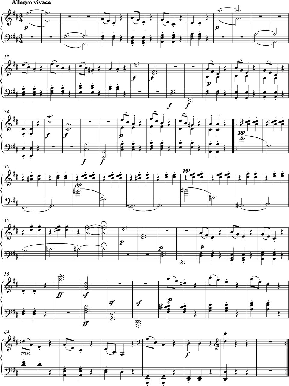 Ilustracja przedstawia zapis nutowy utworu „Sonata fortepianowa” D‑dur op.28 cz.III „Scherzo” Beethovena.