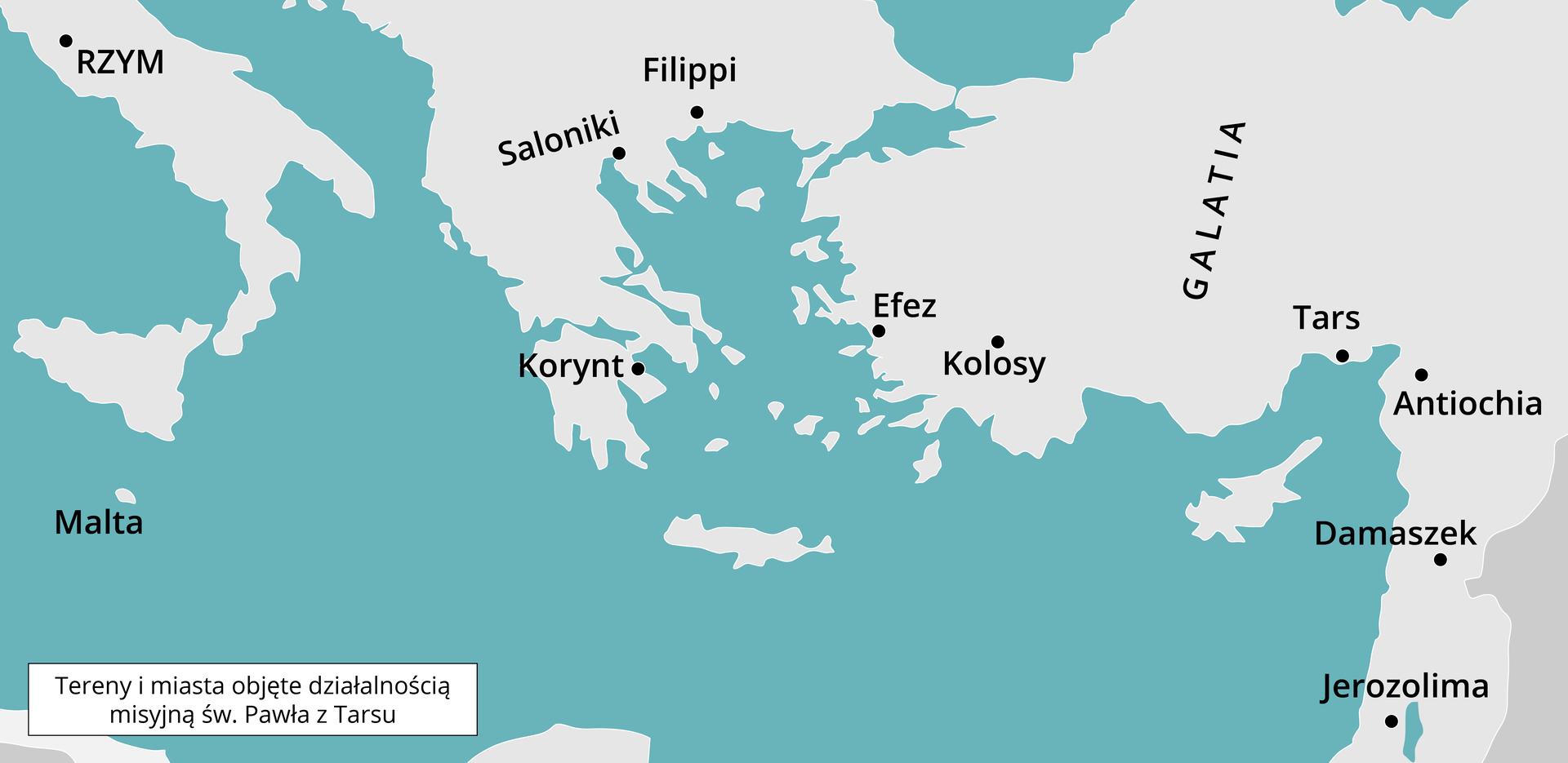 Mapa przedstawia fragment Europy obejmujący dzisiejsze Włochy, Grecję i Turcję. Zaznaczone są na nim miasta: RZYM, Korynt, Saloniki, Filippi, Efez, Kolosy, Tars, Antiochia, Damaszek i Jerozolima oraz wyspa Malta.