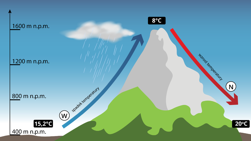 Ilustracja przedstawia górę o wysokości 1600 metrów nad poziomem morza. U podnóża góry jest 400 metrów nad poziomem morza oraz po lewej stronie 15,2 stopnia Celsjusza, po prawej stronie stoku 20 stopni. Na szczycie góry jest temperatura 8 stopni Celsjusza. Po lewej stronie góry jest chmura z deszczem, po prawej bezchmurne niebo. Po lewej stronie wzdłuż zbocza góry jest niebieska strzałka skierowana w stronę szczytu z napisem: spadek temperatury oraz z literą W. Po prawej czerwona strzałka biegnie od szczytu w dół z napisem: wzrost temperatury, litera N.  