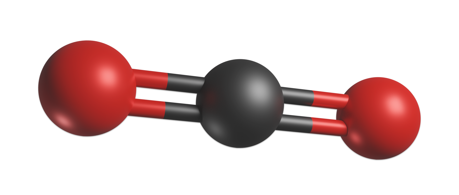 Ilustracja przedstawia model kulkowo‑pręcikowy tlenku węgla(&lt;math aria‑label="cztery"&gt;IV). Model stanowi czarna kulka symbolizująca atom węgla połączona z lewej oraz z prawej strony wiązaniami podwójnymi z czerwonymi kulkami symbolizującymi atomy tlenu. Atomy znajdują się w jednej linii. Wszystkie trzy atomy budujące cząsteczkę znajdują się w jednej linii.