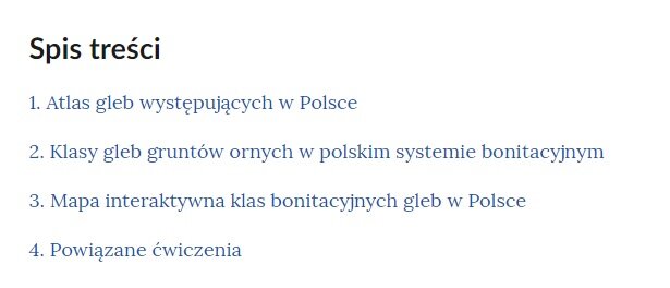 Przykładowy interaktywny spis treści umożliwiający nawigowanie w ramach atlasu interaktywnego. Na górze znajduje się napis: Spis treści. Pod nim w czterech punktach tytuły poszczególnych zakładek atlasu.