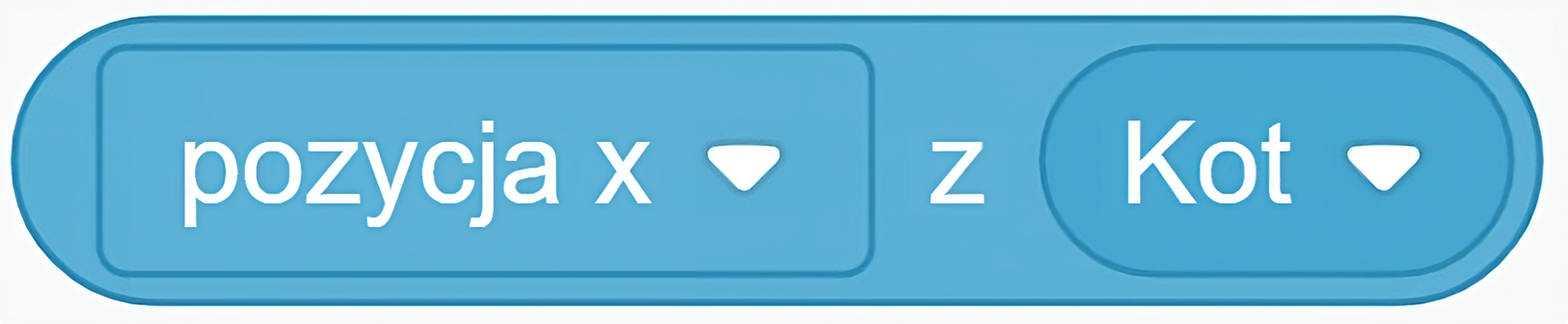 Jasnoniebieski klocek blok Scratch z kategorii "Czujniki" z wybranym polem z listy "pozycja x" z wartością "Kot".