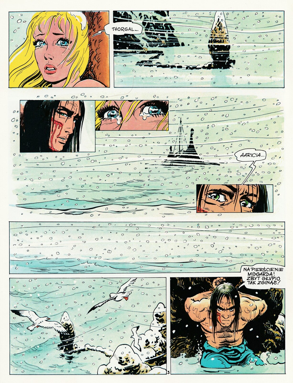 Ilustracja przedstawia stronę z komiksu „ Thorgal . Zdradzona czarodziejka”. Ukazuje sześć rysunków. Na pierwszym znajduje się twarz zapłakanej kobiety o blond włosach i niebieskich oczach, która wypowiada imię  Thorgala . Drugi przedstawia śnieżycę nad morzem. Widać urwisty brzeg i  skałę w kształcie maczugi. Do niej przywiązano łańcuchami człowieka, który klęczy po kolana w wodzie. Na trzecim, na tle śnieżycy na morzu, na którym majaczy odpływający w dal żaglowiec, znajdują się trzy kadry. Od lewej kadr przedstawiający twarz zakrwawionego  Thorgala , kolejny kadr przedstawiający zapłakane oczy kobiety i ostatni kadr, to zbliżenie oczu  Thorgala  , który wypowiada imię dziewczyny  Aaricia ... Poniżej kolejny kadr przedstawia plan pełny, na którym jest morze i padający śnieg. Na dole strony znajdują się dwa kadry, na pierwszym z lewej widać brzeg morza ujęty z góry i skałę, do której przywiązany jest  Thorgal , nad nim latają dwie mewy. Ostatni kadr ukazuje klęczącego w wodzie, półnagiego  Thorgala  ze związanymi z tyłu rękoma. Ma zacięty wyraz twarzy, wypowiada słowa: Na pierścienie Mitgarda! Zbyt głupio tak zginąć!