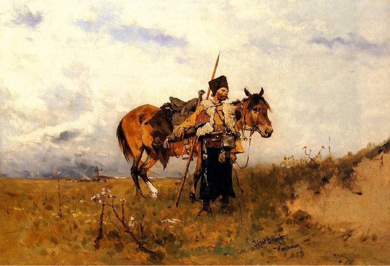 Ilustracja przedstawia obraz „Kozak na stanowisku”, autorstwa Józefa Brandta. Dzieło ukazuje mężczyznę stojącego przy koniu. 
