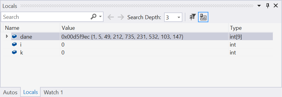 Zrzut ekranu przedstawia Kartę z podglądem stanu zmiennych w środowisku Microsoft Visual Studio Podświetlona jest zakładka: Locals.  Posiada ona tabele z nagłówkami: Name, Value, Type.  Poniżej wyświetlają się odpowiednie informacje: Nazwa: dane, wartość: {1,5, 49, 212, 735, 231, 532, 103, 147}, typ: int[9].  Nazwa: i, wartość: 0, typ: int.  Nazwa k, wartość: 0, typ: int.