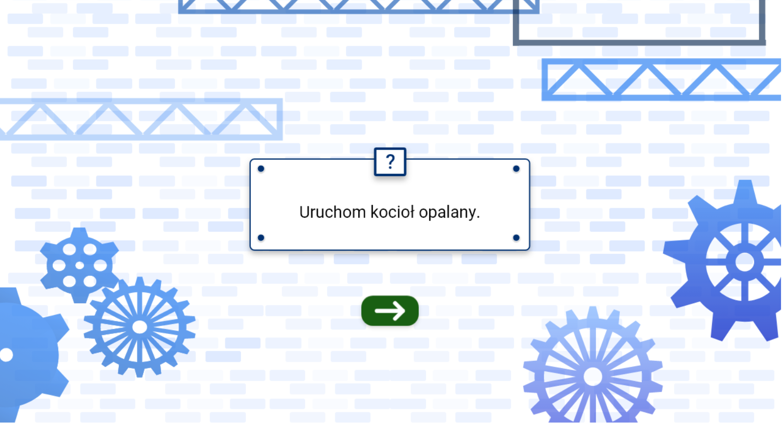 Grafika przedstawia widok na przykładowe polecenie wyświetlające się po uruchomieniu symulatora. Polecenie znajduje się w prostokątnym oknie. Poniżej widać strzałkę.