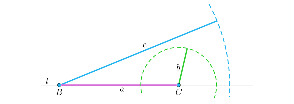 Na ilustracji przedstawiono prostą l, na której zaznaczono odcinek BC o długości a. Z punktu B, wykreślono łuk w odległości równej c. Z punktu C wykreślono łuk w odległości równej b. Łuki nie przecinają się, ponieważ odcinek c jest za długi.