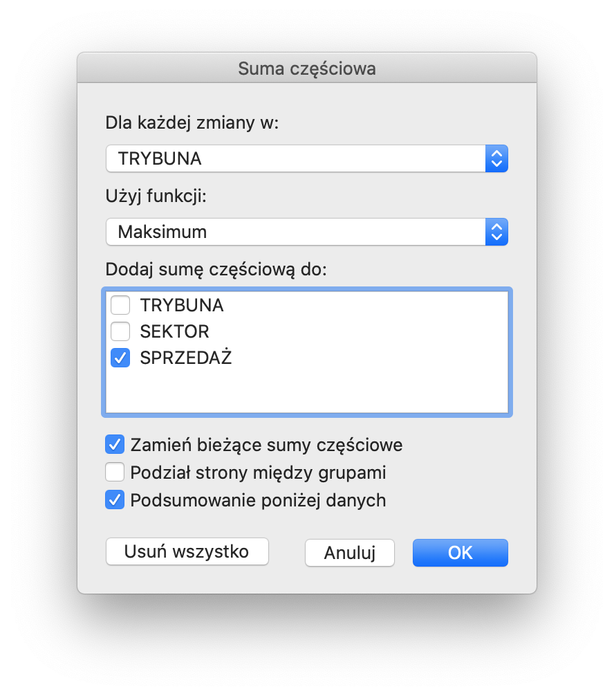 Ilustracja przedstawiająca okno dialogowe Suma częściowa. W oknie pola: Dla każdej zmiany w, gdzie wybrano TRYBUNA oraz Użyj funkcji, gdzie wybrano Maksimum. Poniżej obszar Dodaj sumę częściową do. W obszarze tym następujące pola wyboru: TRYBUNA, SEKTOR oraz SPRZEDAŻ. Wybrano SPRZEDAŻ. Poza obszarem kolejne pola wyboru: Zamień bieżące sumy częściowe, Podział strony między grupami oraz Podsumowanie poniżej danych. Wybrano pierwszą i trzecią opcję. Na dole okna przyciski: Usuń wszystko, Anuluj oraz OK. 