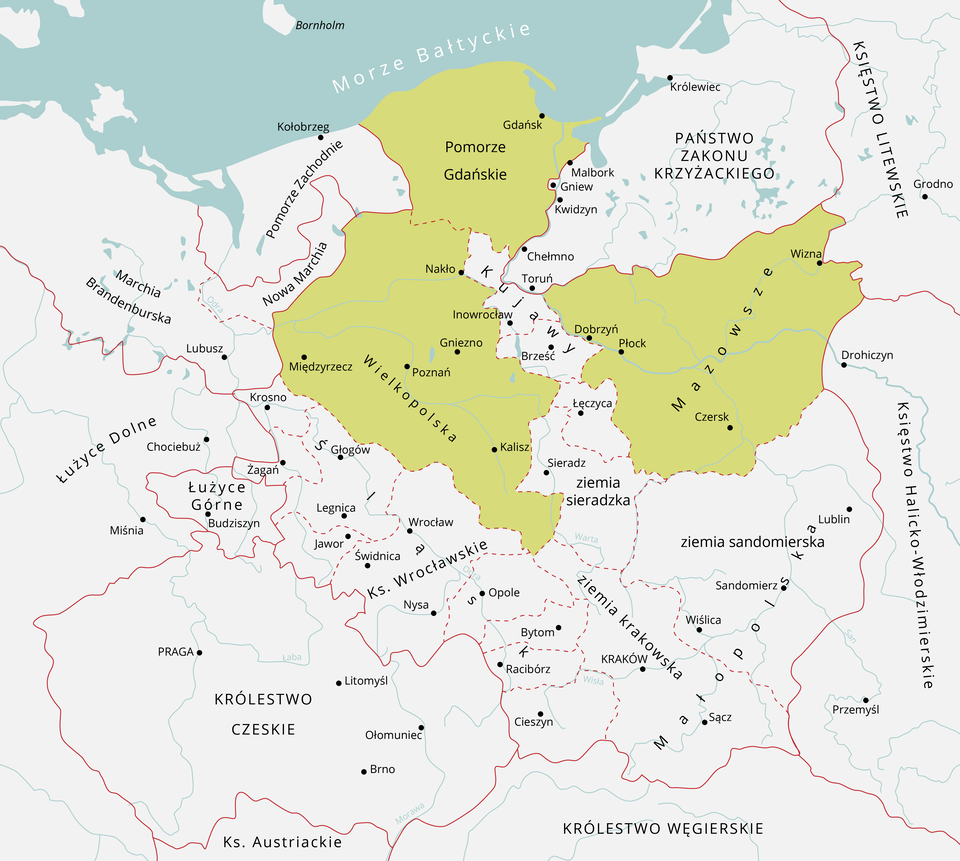 Na mapie oznaczono następujące rejony Pomorze Gdańskie, Wielkopolska, Mazowsze. 