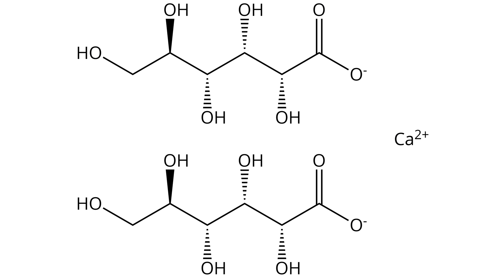 Na ilustracji są dwa wzory szkieletowe jeden pod drugim. Są identyczne: to łańcuchy główne w kształcie zygzaka. Mają pięć grup OH, a na końcu - po prawej stronie anion COO. Po prawej stronie wzorów jest napis: C a 2 + .