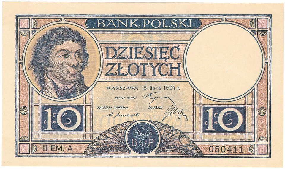 Ilustracja przedstawia banknot dziesięciu złotych. Na banknocie widnieje podobizna Tadeusza Kościuszki oraz w dwóch dolnych rogach cyfry dziesięć.