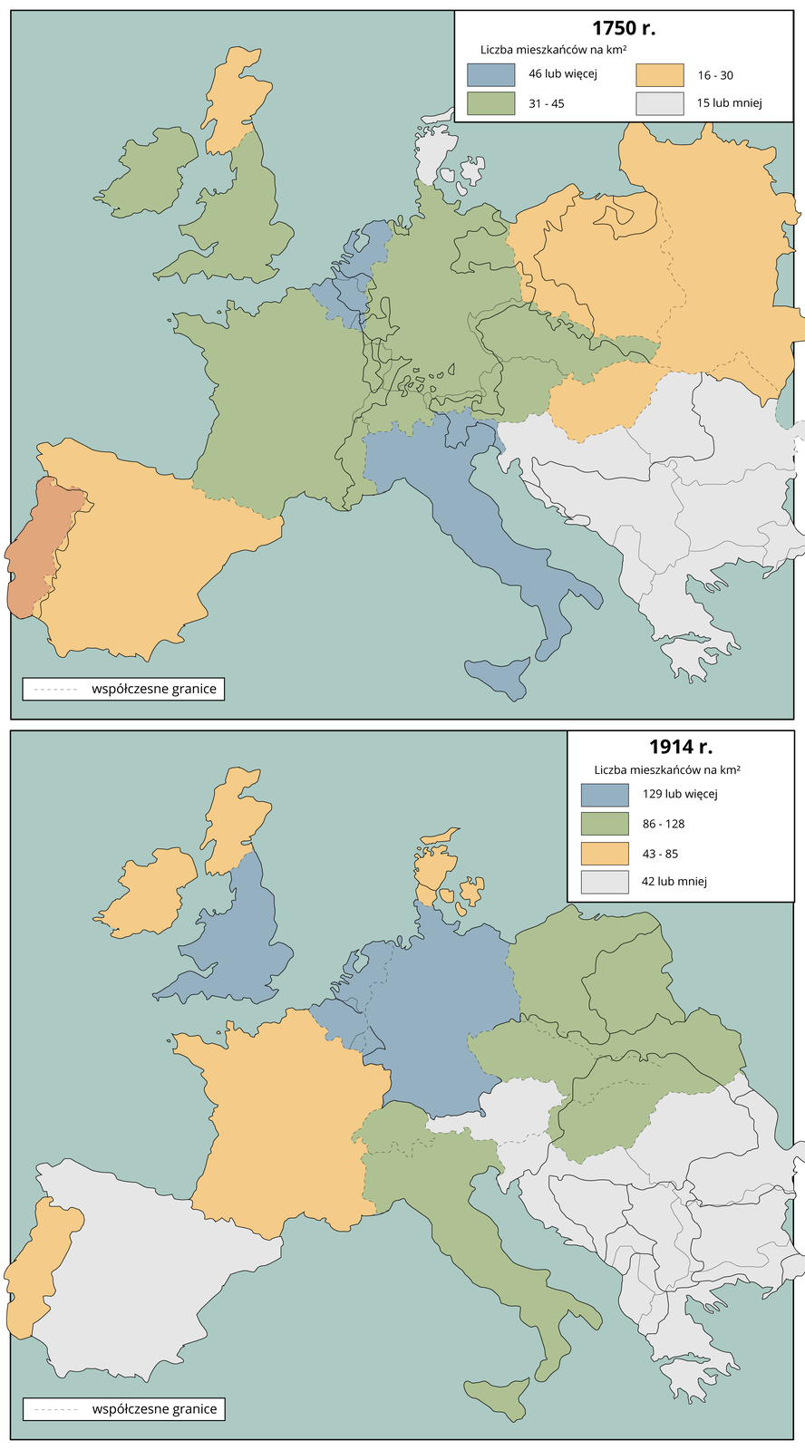 Pierwsza mapa przedstawia gęstość zaludnienia w Europie w 1750 roku. Największa liczba mieszkańców na km² 46 lub więcej to teren Włoch, Holandia i Belgia. 31- 45 mieszkańców na km² było na terenie Francji, Niemiec, Czech, Wielkiej Brytanii, Irlandii. Od 16- 30 osób na km² znajdowało się w Hiszpanii, Szkocji, Polski, Litwy, Ukrainy, Białorusi i Słowacji. 15 lub mniej osób było w Danii, Rumunii, Bułgarii, Bośni i Hercegowiny, Chorwacji.    Druga mapa ilustruje zaludnienie Europu w 1914 roku. Największa ilość mieszkańców czyli 129 lub więcej na km² znajdowała się na terenie Niemiec, Holandii, Belgii, południowej części Wielkie Brytanii. 86 do 128 mieszkańców na km² zamieszkiwało teren Polski, Czech, Słowacji, Węgier, północnej części Rumunii oraz Włoch. 43 do 85 mieszkańców na km² znajdowało się we Francji, Portugalii, Islandii, północnej Wielkiej Brytanii oraz Danii. 42 lub mniej mieszkańców km² znajdowało się w Hiszpanii, Austrii, Chorwacji, Bośni i Hercegowinie, Albanii, Serbii, Czarnogórze, Grecji, Bułgarii, Rumunii. 