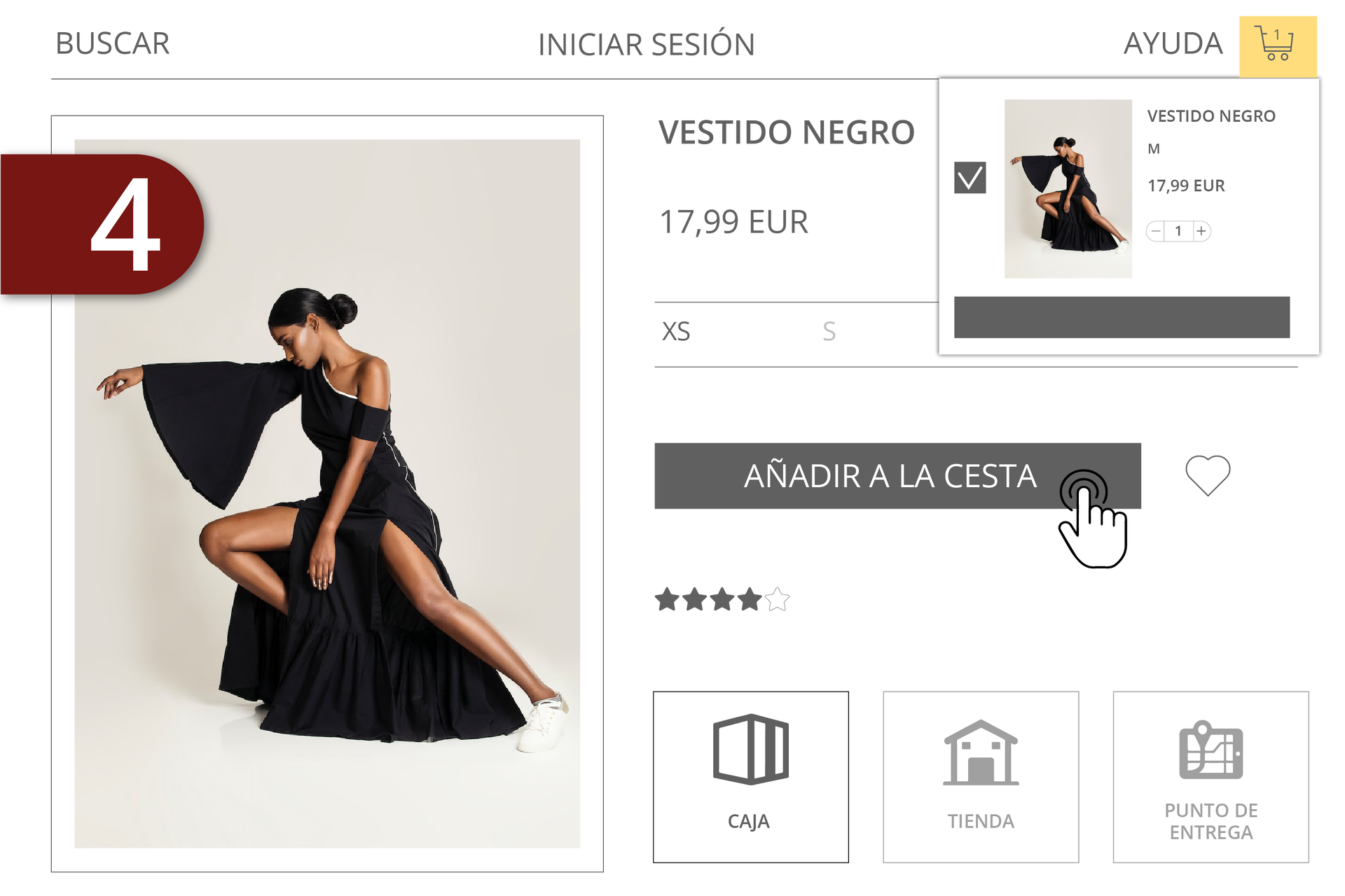 Grafika numer cztery przedstawia stronę produktu ze sklepu internetowego. Widoczne przyciski: buscar, iniciar sesión, ayuda, koszyk zakupowy z dodanym jednym produktem. Poniżej zdjęcie modelki w czarnej sukience. Nazwa produktu: vestido negro. Cena siedemnaście dziewięćdziesiąt dziewięć. Poniżej rozmiarówka XS, S, M, L, XL. Następnie przycisk Añadir a la cesta, klikany przez kursor. W rogu widoczna miniaturka dodanego produktu. Poniżej cztery gwiazdki na pięć. Poniżej ikonki z podpisami:  paczka - caja, domek - tienda, tablet z mapą - punto de entrega.