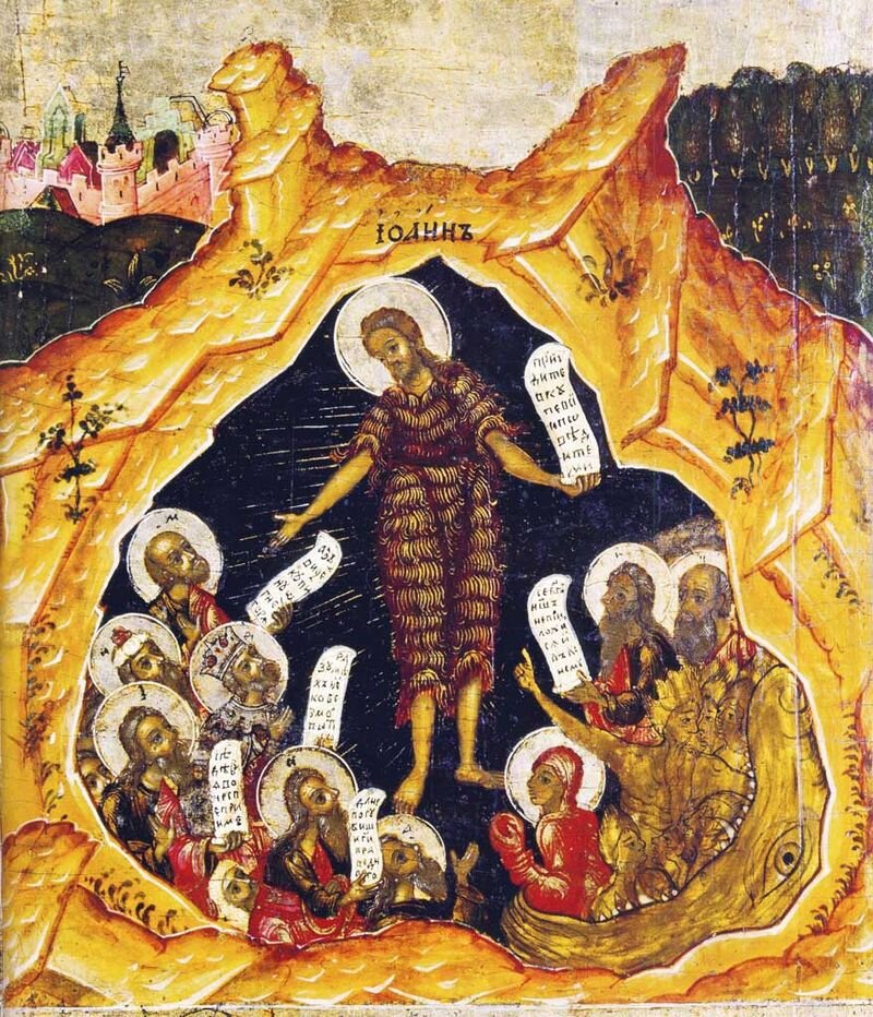 Obraz przedstawia mężczyznę z aureolą nad głową i zapisaną kartą w dłoni. Otaczają go władcy, duchowni, którzy także trzymają zapisane karty. Wpatrują się w stojącego mężczyznę. Wszyscy znajdują się w okrągłej jamie pod ziemią. Nad nimi po prawej stronie znajduje się las, po lewej widać fragment murów i zabudowań średniowiecznego miasta.