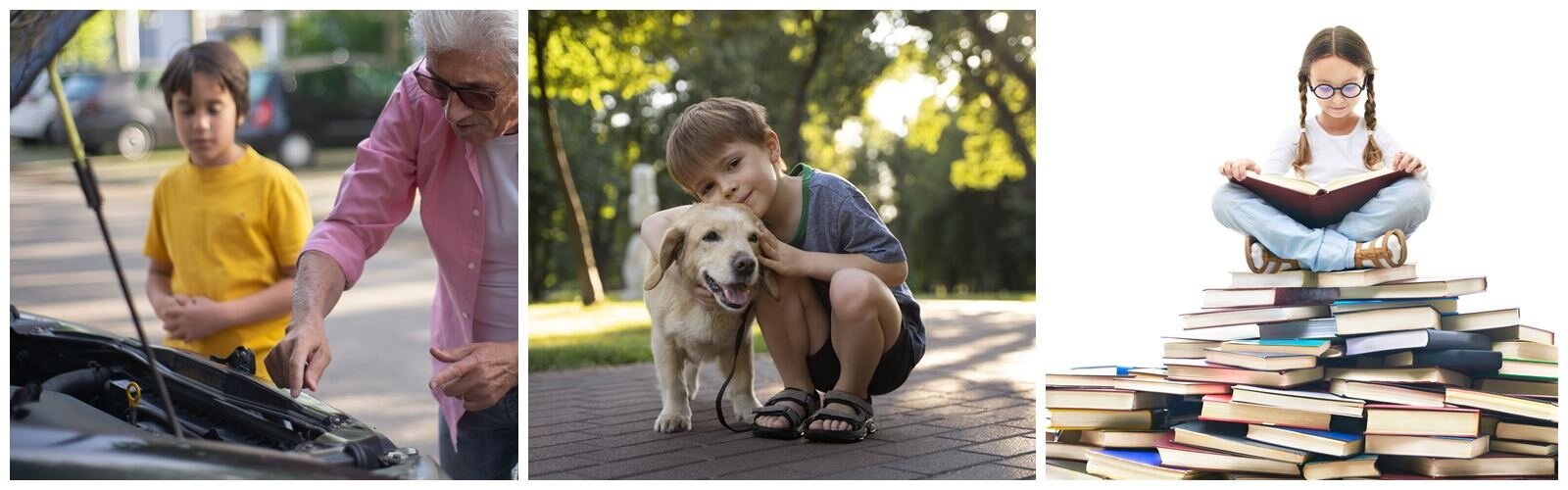 Grafika składa się z trzech zdjęć, zestawionych poziomo obok siebie. Na lewym zdjęciu ukazano chłopca obserwującego mężczyznę, który stoi z kluczem przed otwartą maską samochodu. Środkowa fotografia przedstawia chłopca, który kuca, przytulając się do psa stojącego tuż przy jego nogach. Prawe zdjęcie ukazuje dziewczynkę w warkoczykach i okularach, siedzącą ze skrzyżowanymi nogami, na których trzyma otwartą książkę. Dziewczynka siedzi na stosie książek.
