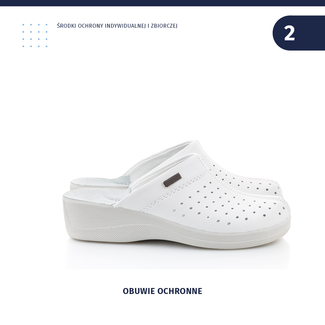 Ilustracja przedstawia białe klapki z dziurkowaną cholewką i grubą podeszwą. To obuwie ochronne.